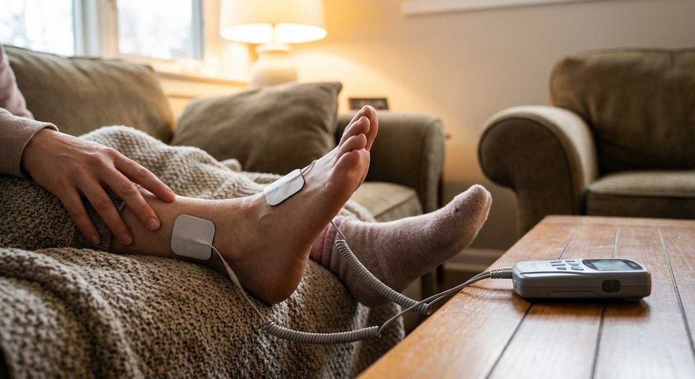 TENS electrode pads placed on top of foot and ankle area for neuropathy treatment