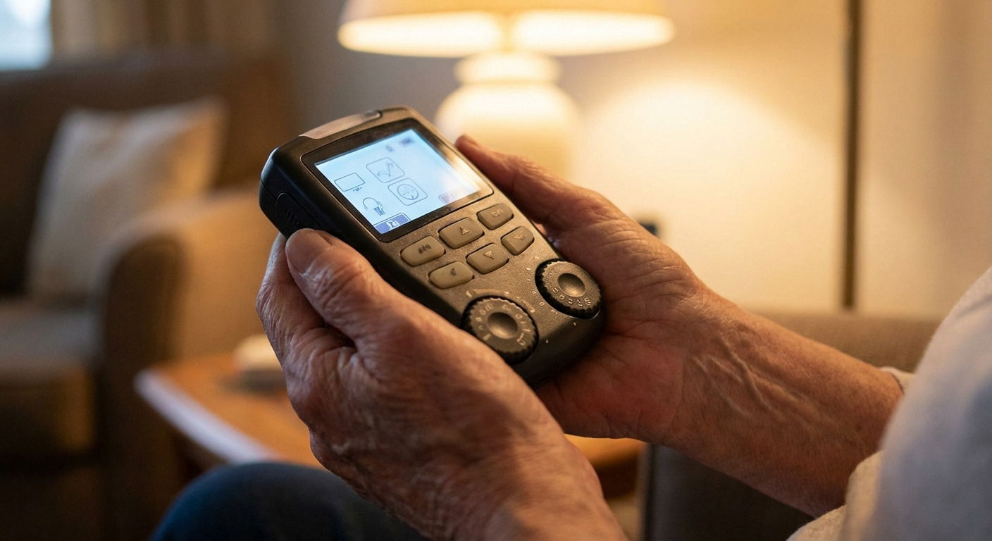 Close-up of TENS unit display and controls showing frequency and intensity settings