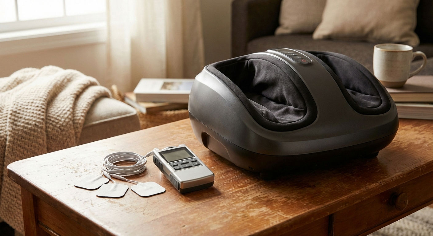 TENS unit next to foot massager showing different pain relief approaches for neuropathy