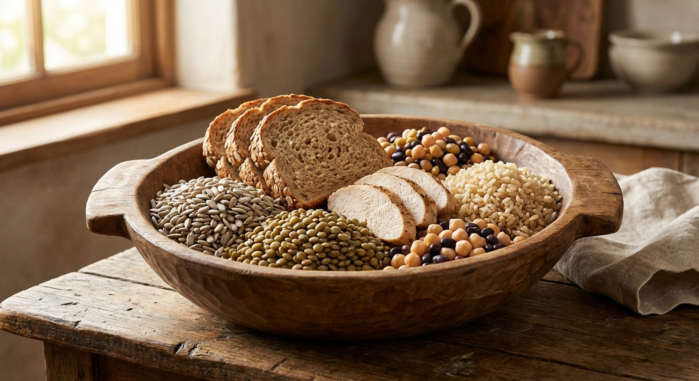 Bowl of thiamine-rich foods including whole grains legumes seeds and lean meat for nerve recovery