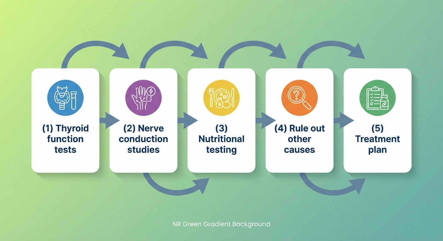 Step-flow infographic: (1) Thyroid function tests → (2) Nerve conduction studies → (3) Nutritional testing → (4) Rule out other causes → (5) Treatment plan. Clean flowchart with icons for each step. NR green gradient background with white cards.