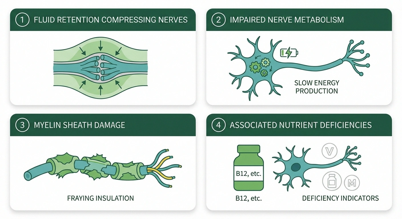Four-card layout: (1) Fluid retention compressing nerves (swollen tissue pressing on nerve), (2) Impaired nerve metabolism (slow energy production), (3) Myelin sheath damage (fraying insulation), (4) Associated nutrient deficiencies (B12, etc.). NR teal and green palette, clean medical illustration style.