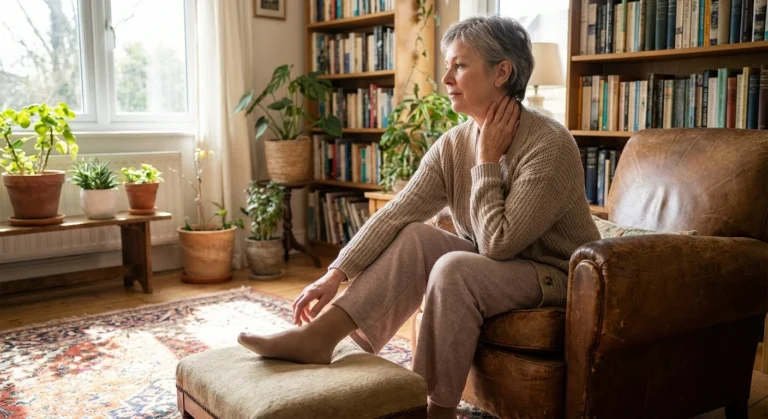 A woman (55-65) gently touching her neck/throat area with one hand while her other hand reaches toward her tingling foot. She looks thoughtful, not distressed. Warm indoor setting with soft natural light. The composition draws a visual line from neck (thyroid) to extremity (neuropathy).