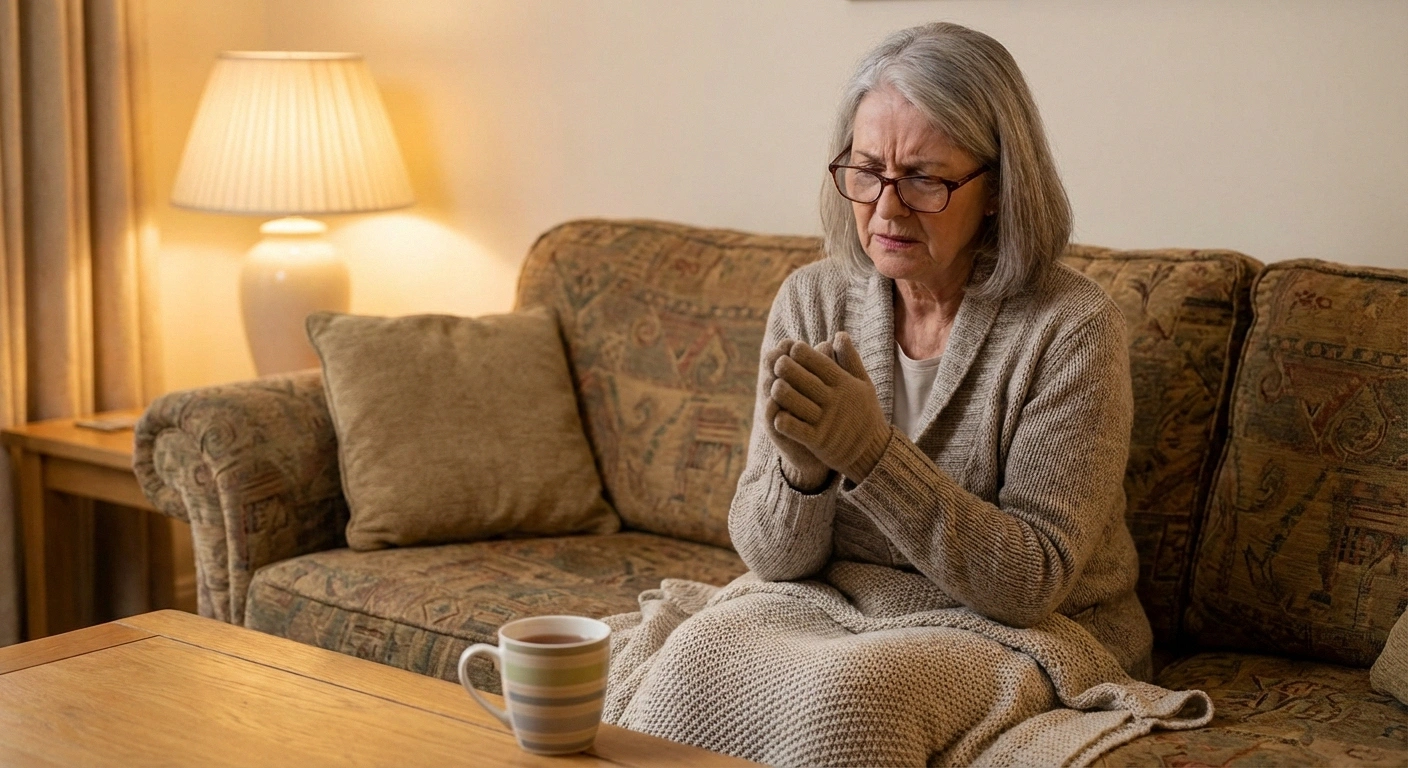A senior woman sitting on a couch, rubbing her hands together — suggesting both cold intolerance (thyroid) and hand tingling (neuropathy). Warm, relatable home environment. Expression shows mild discomfort but not severe distress.