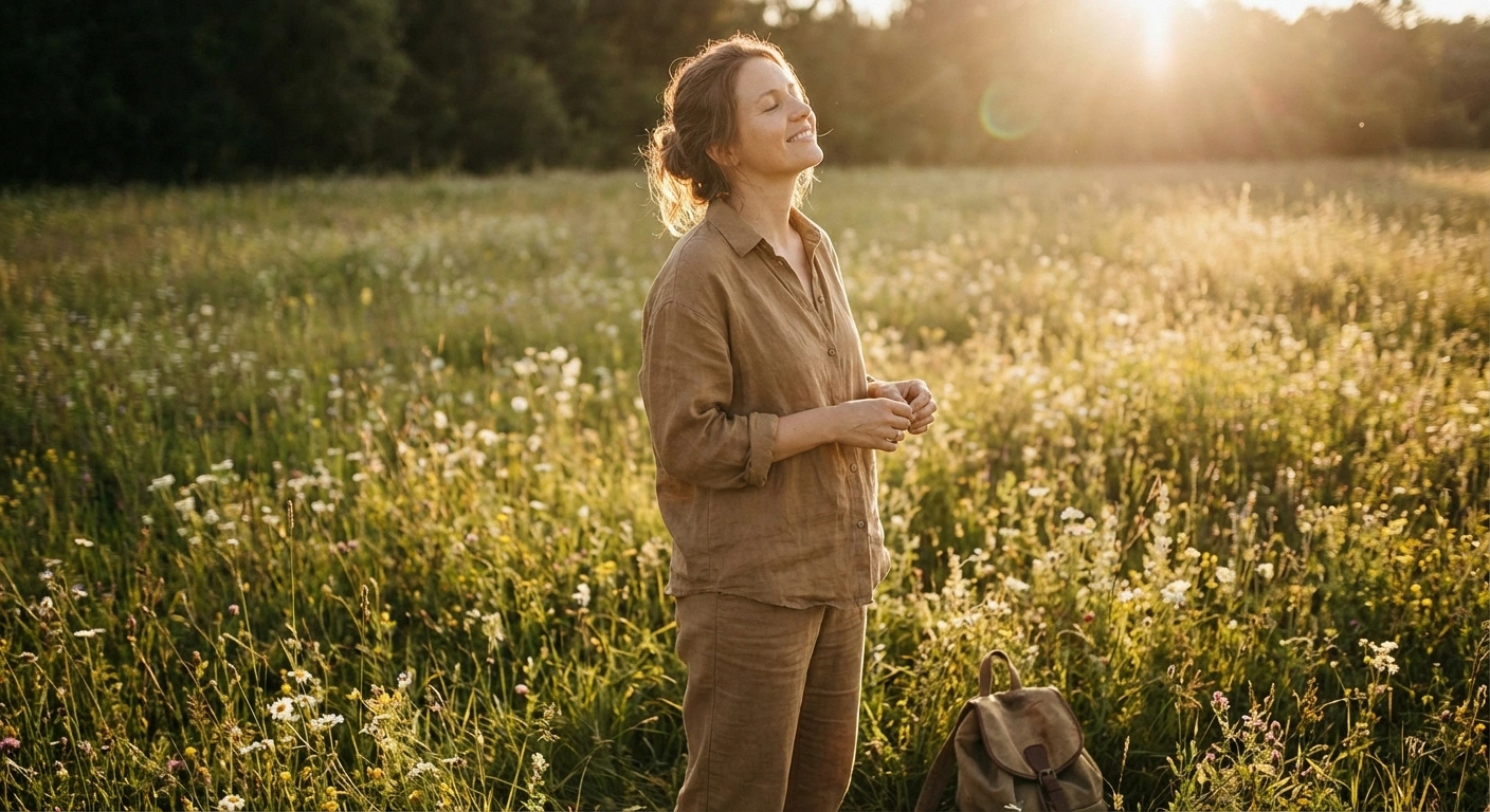 A woman outdoors, hands relaxed at her sides, looking comfortable and at peace. Warm sunlight. Suggests that with proper treatment, symptoms can improve. Natural, unposed feeling.