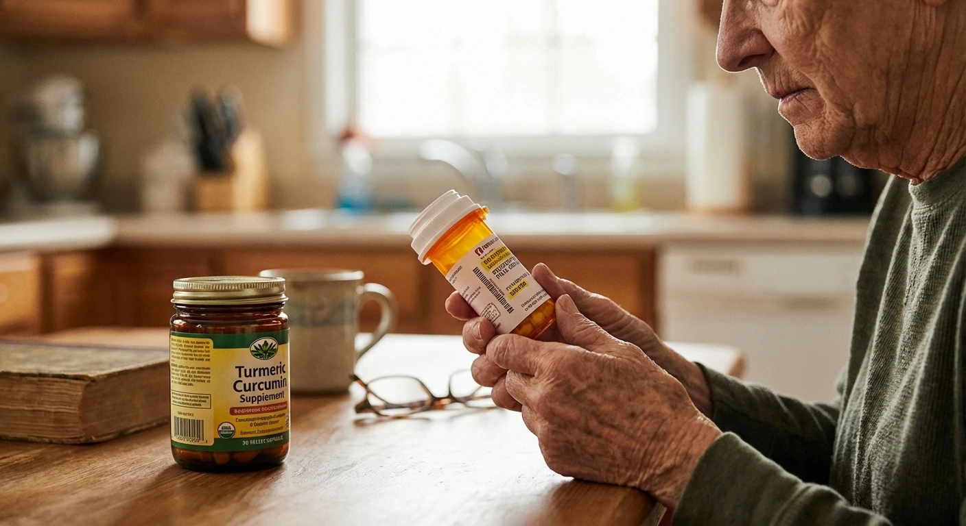 Person checking turmeric supplement alongside prescription medications for potential interactions