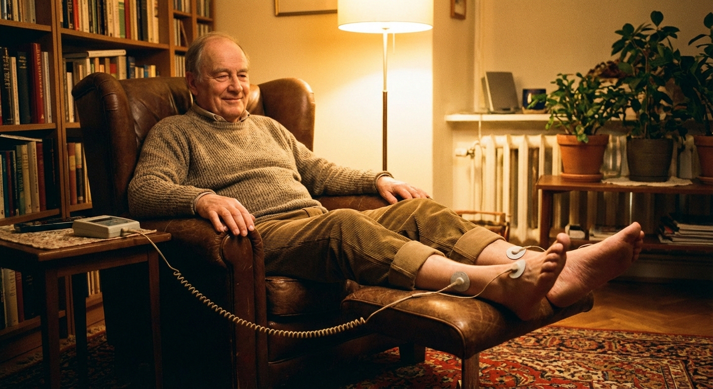 Older person relaxing in chair with TENS pads on feet for neuropathy pain relief at home