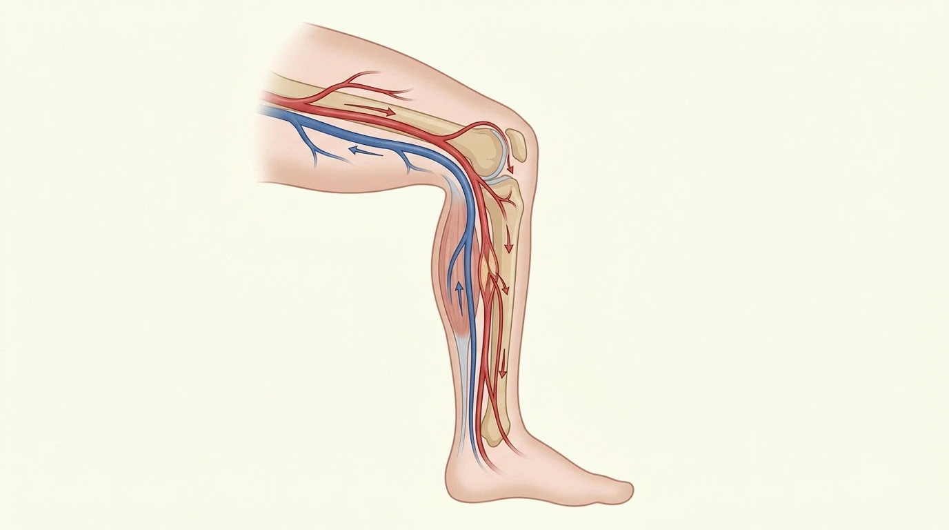 Medical illustration of blood circulation in the leg showing arteries and veins with blood flow patterns related to vascular pain