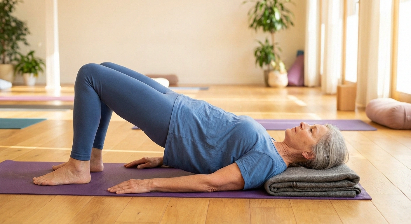 Older adult in bridge pose on yoga mat with block under hips for support