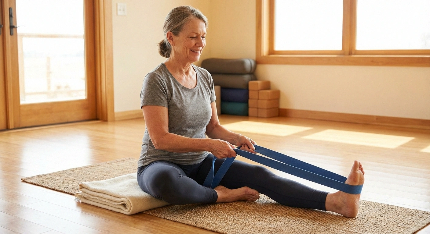 Older adult seated using a yoga strap for gentle hamstring stretch