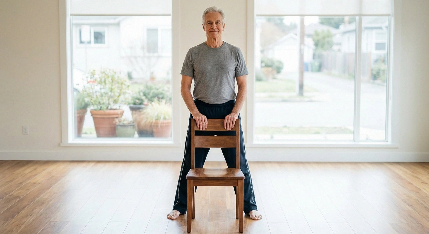 Older adult standing behind chair in mountain pose, feet hip-width apart
