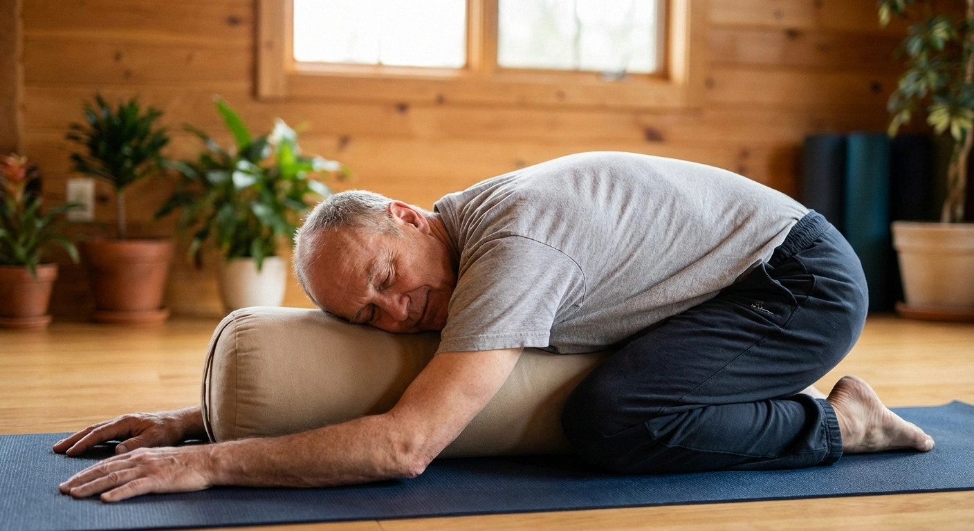 Older adult in child's pose with bolster under torso, knees wide, relaxed