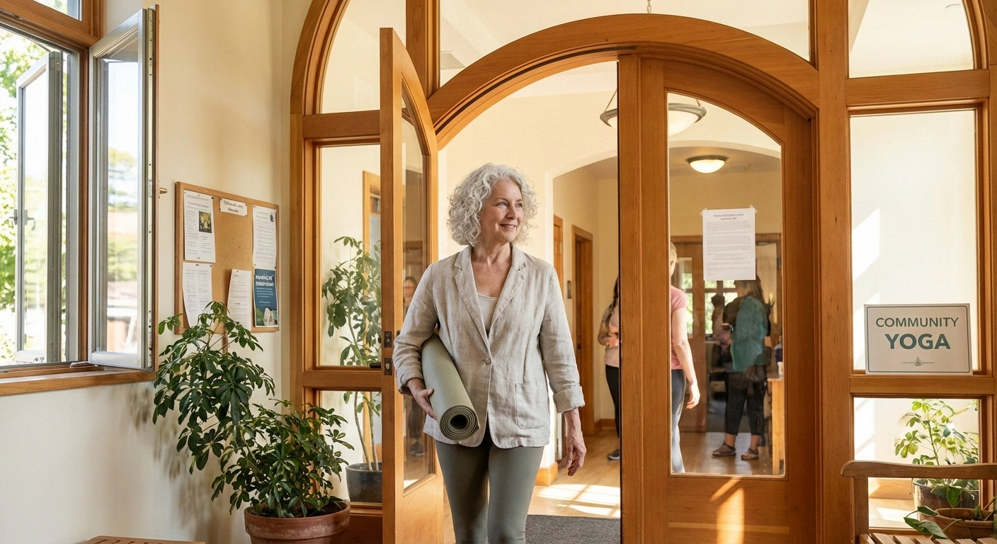 Older adult walking into a yoga studio with yoga mat, welcoming entrance