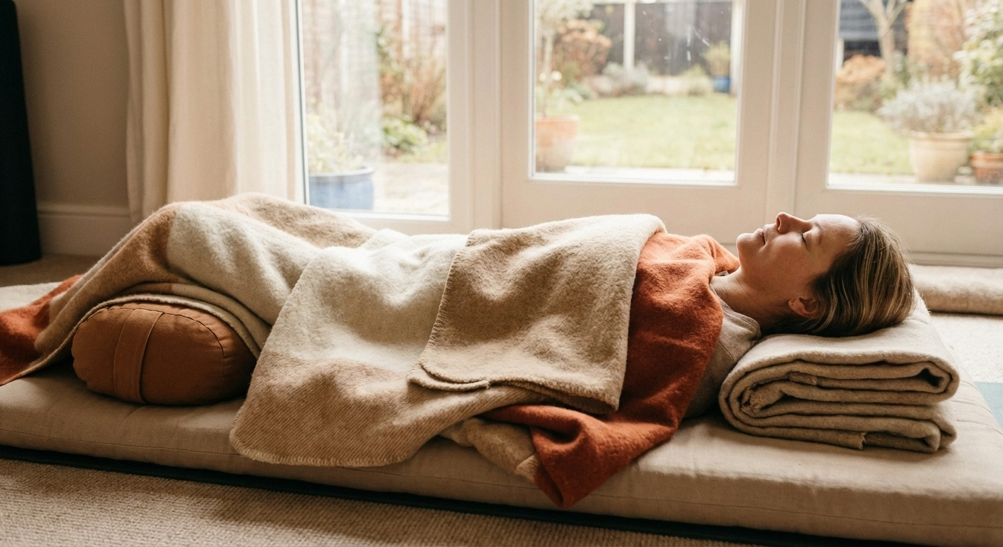 Person in supported savasana with eyes closed, deep relaxation with warm blankets
