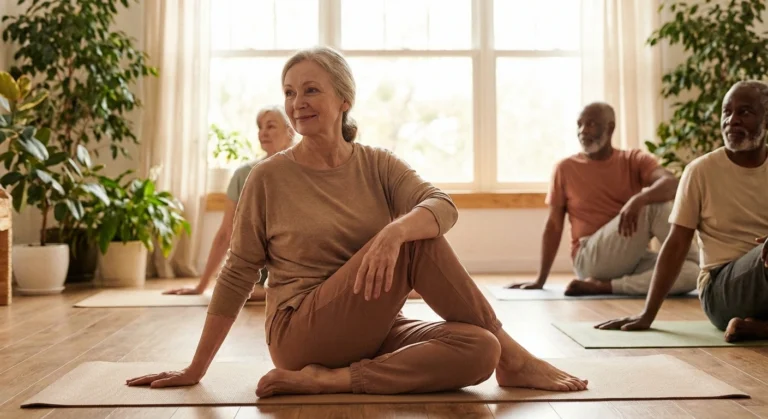 Older adult in gentle seated yoga pose, calm and serene setting. Soft natural light, warm tones. Inclusive, approachable.