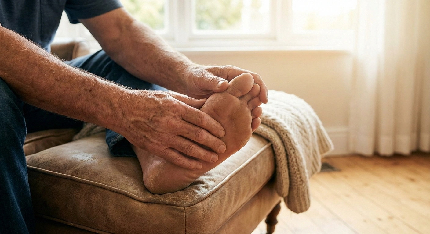 Close-up of hands carefully checking feet for sensation before exercise