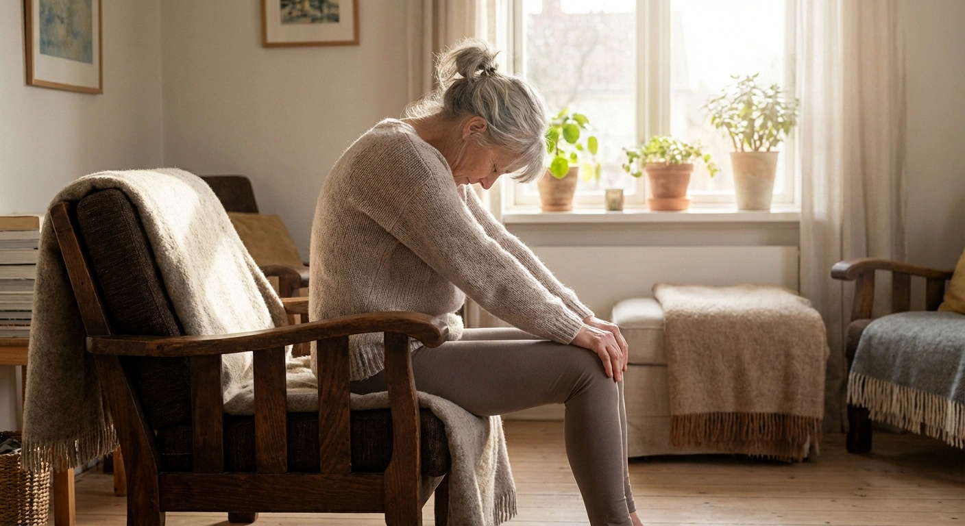 Older adult in a chair doing cat-cow stretch, side angle showing spinal curve