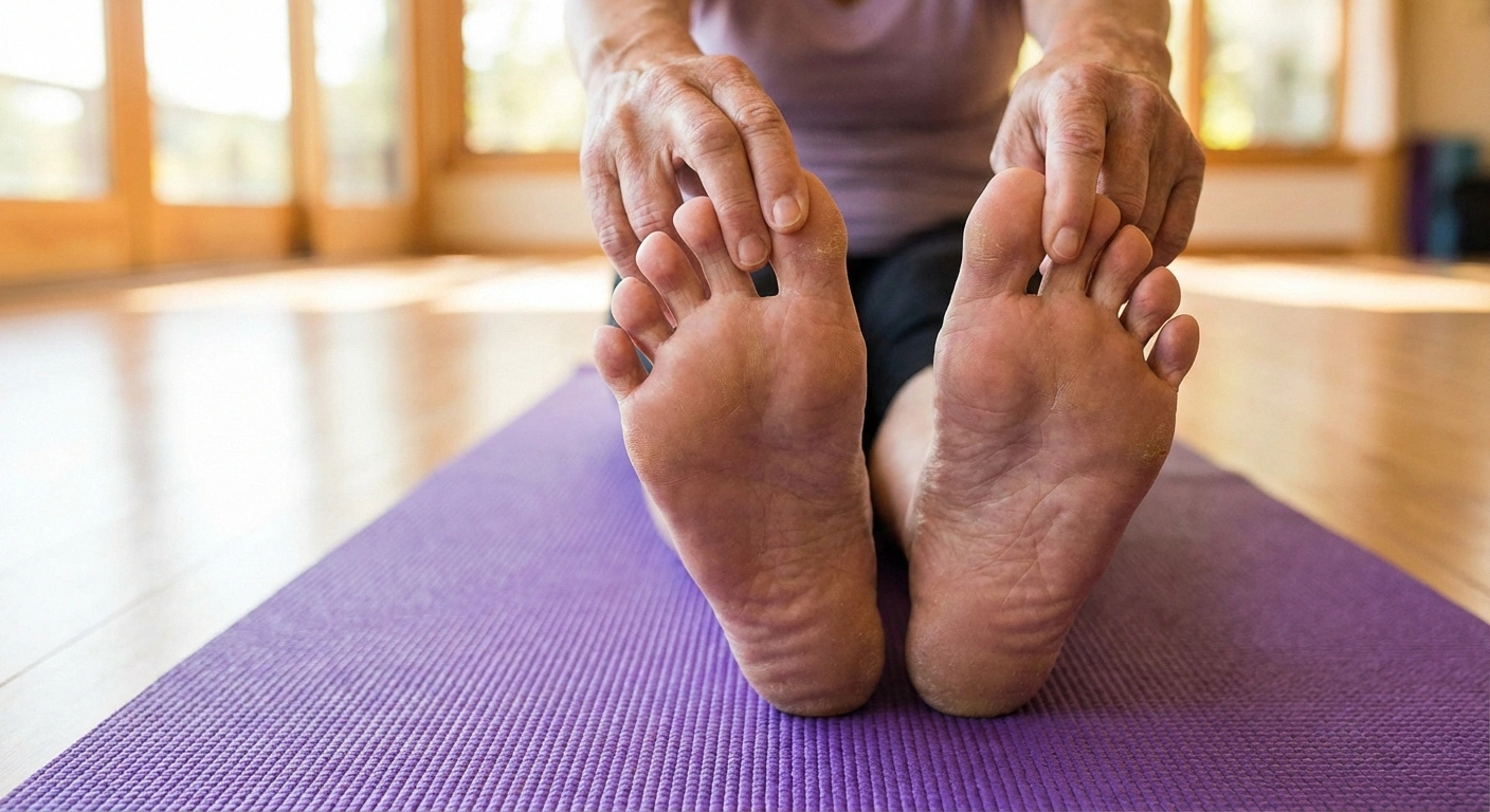 Close-up of older adult's bare feet on yoga mat doing toe spread exercises