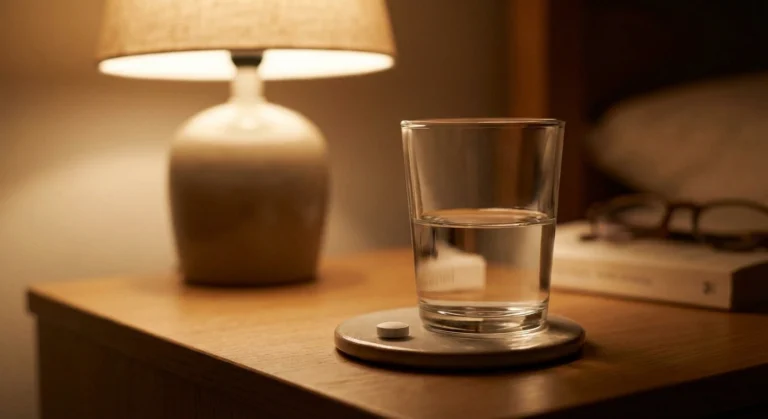 Amitriptyline tablet on nightstand beside glass of water for bedtime neuropathy pain treatment