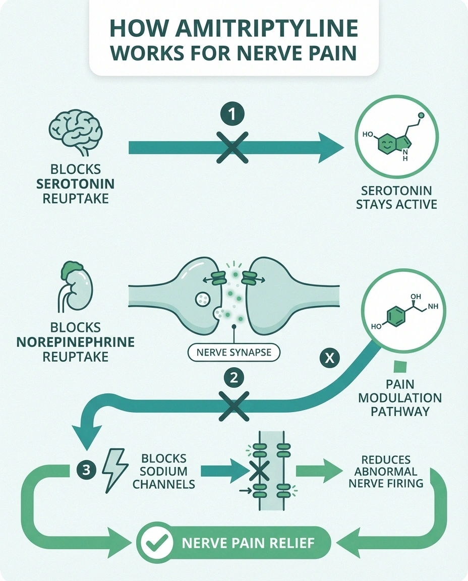 Infographic showing three mechanisms by which amitriptyline reduces neuropathic pain including serotonin norepinephrine and sodium channel blocking
