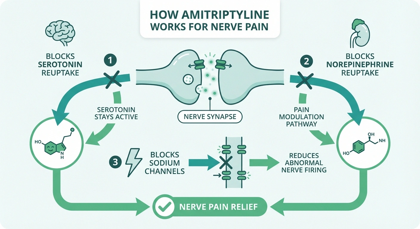 Infographic showing three mechanisms by which amitriptyline reduces neuropathic pain including serotonin norepinephrine and sodium channel blocking