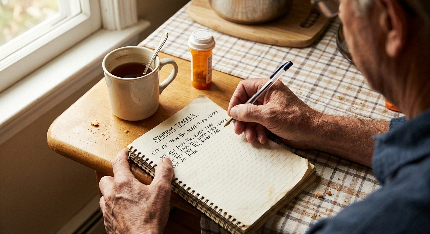 Person tracking neuropathy symptoms in a journal while taking amitriptyline medication