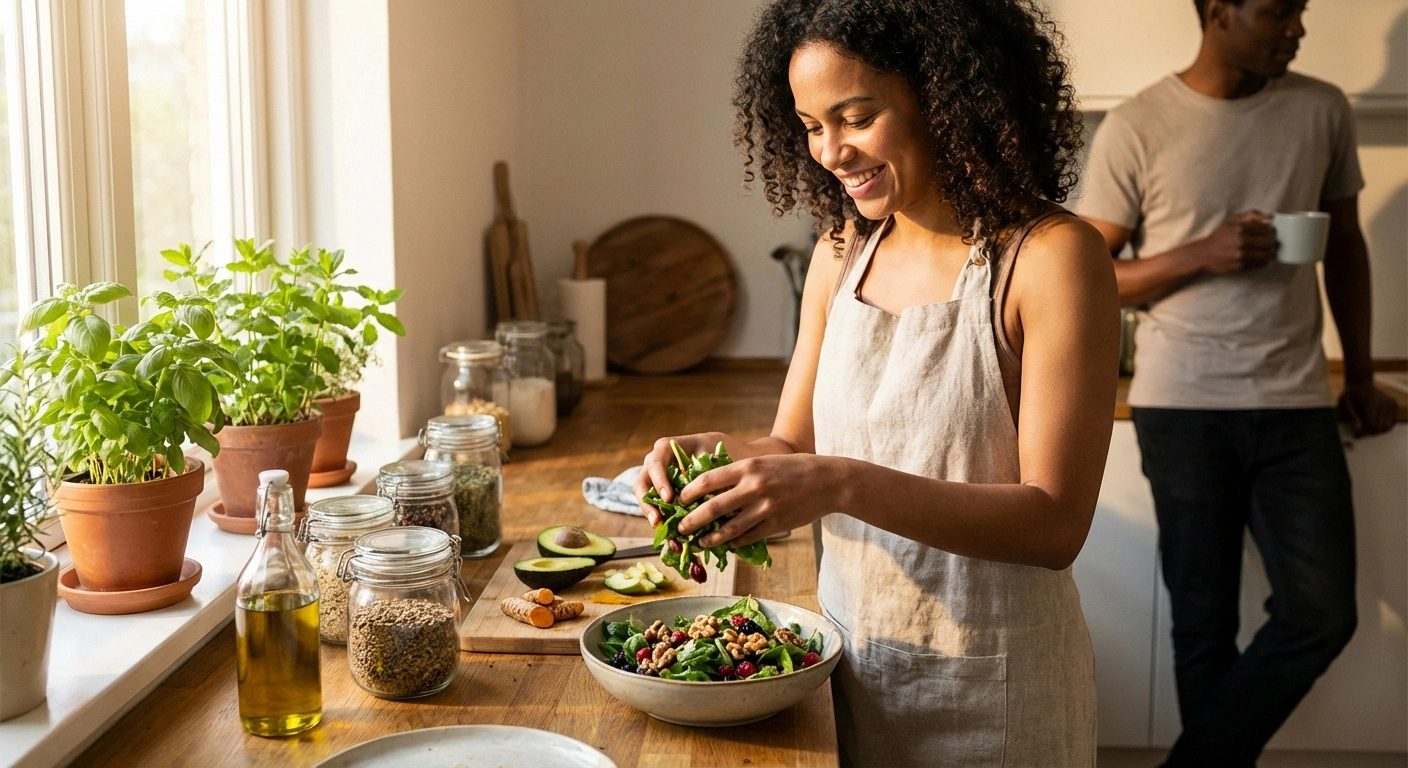 Person casually preparing an anti-inflammatory meal at home with leafy greens and olive oil for neuropathy management