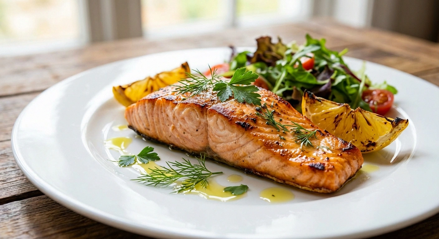 Grilled salmon with lemon and herbs on white plate as a key anti-inflammatory food for nerve health