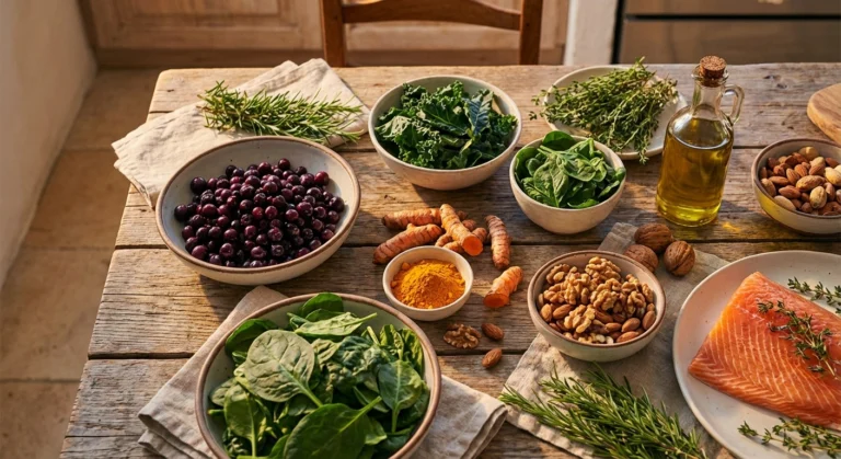 Colorful spread of anti-inflammatory foods including turmeric, salmon, berries, and olive oil for neuropathy management