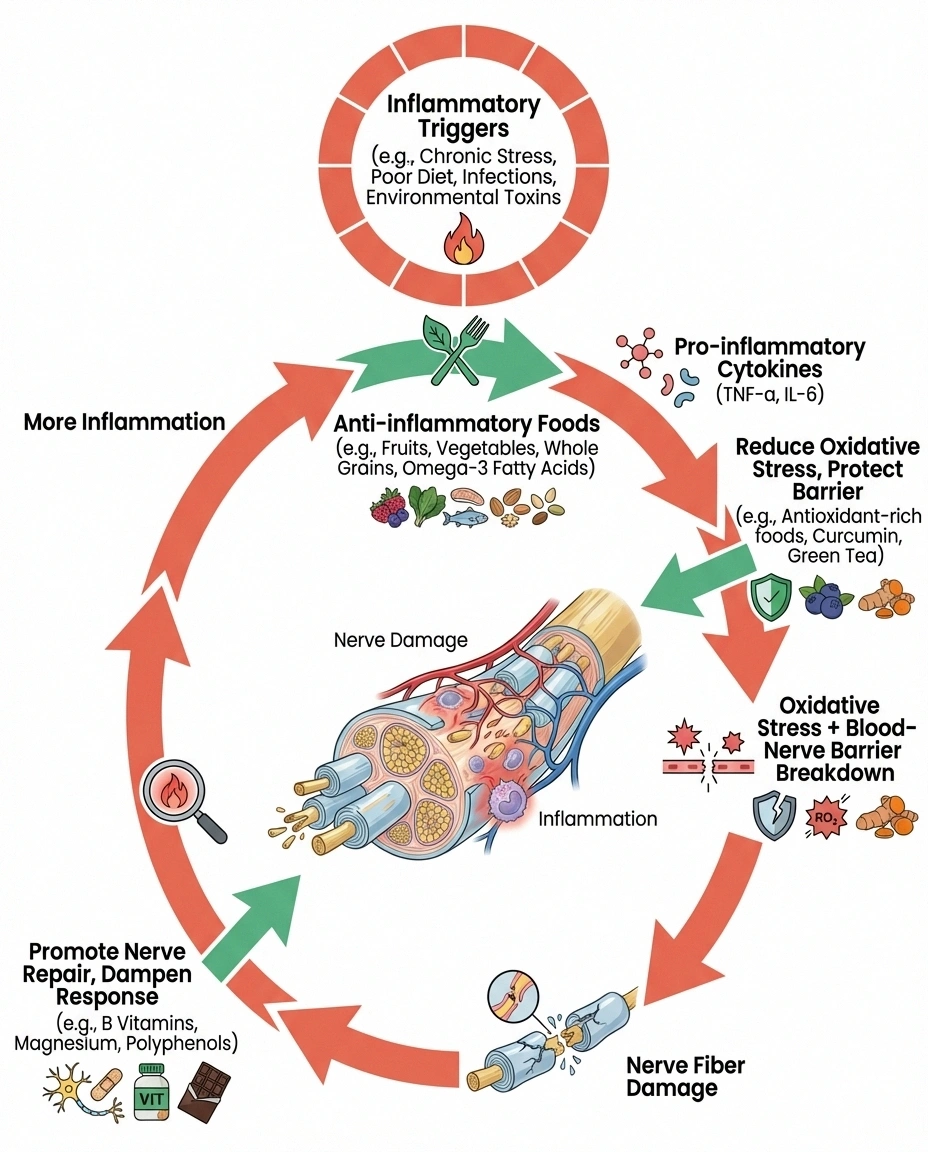 Diagram showing the cycle of chronic inflammation damaging peripheral nerves and where anti-inflammatory diet intervenes