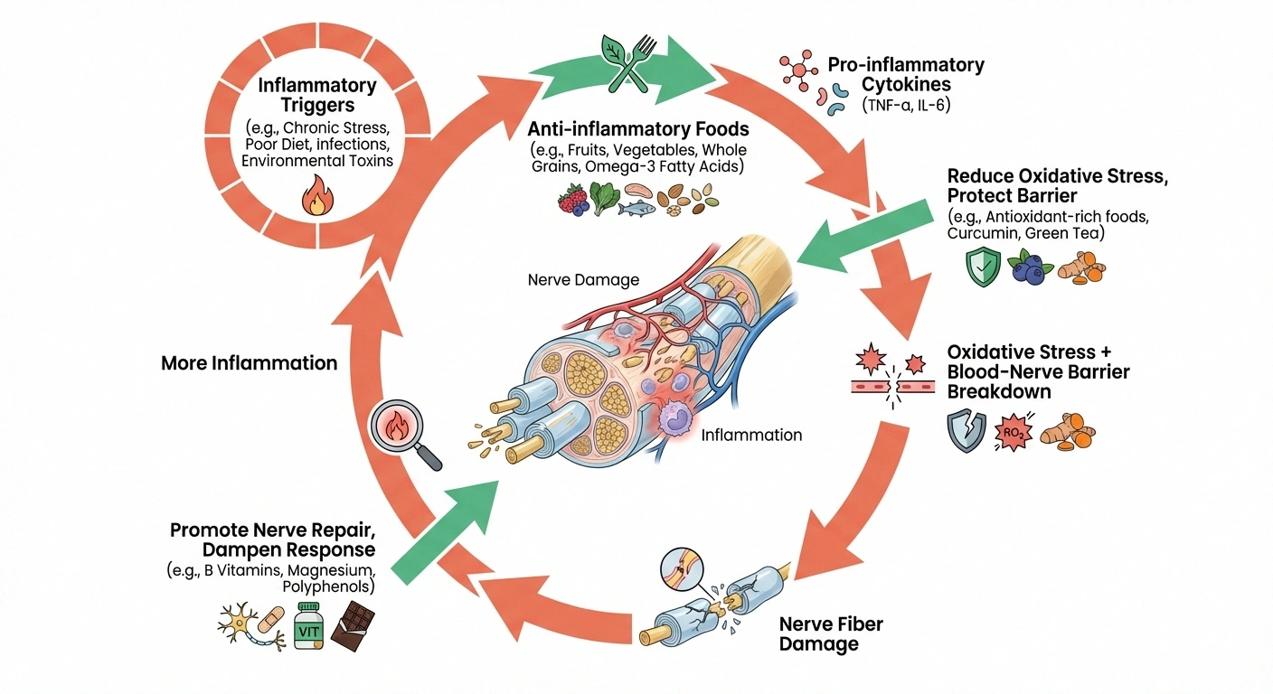 Diagram showing the cycle of chronic inflammation damaging peripheral nerves and where anti-inflammatory diet intervenes