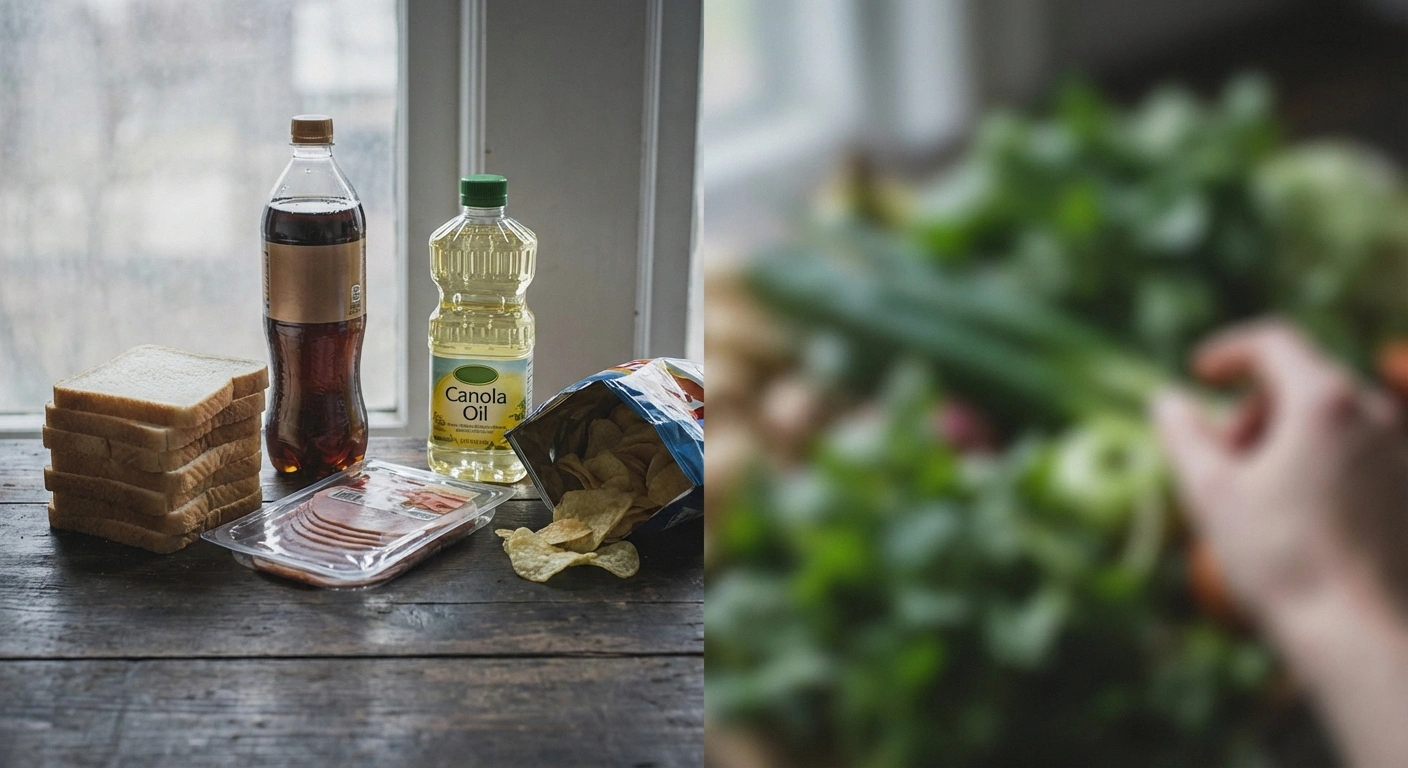 Inflammatory foods including white bread, soda, processed meats, and refined oils that fuel nerve inflammation
