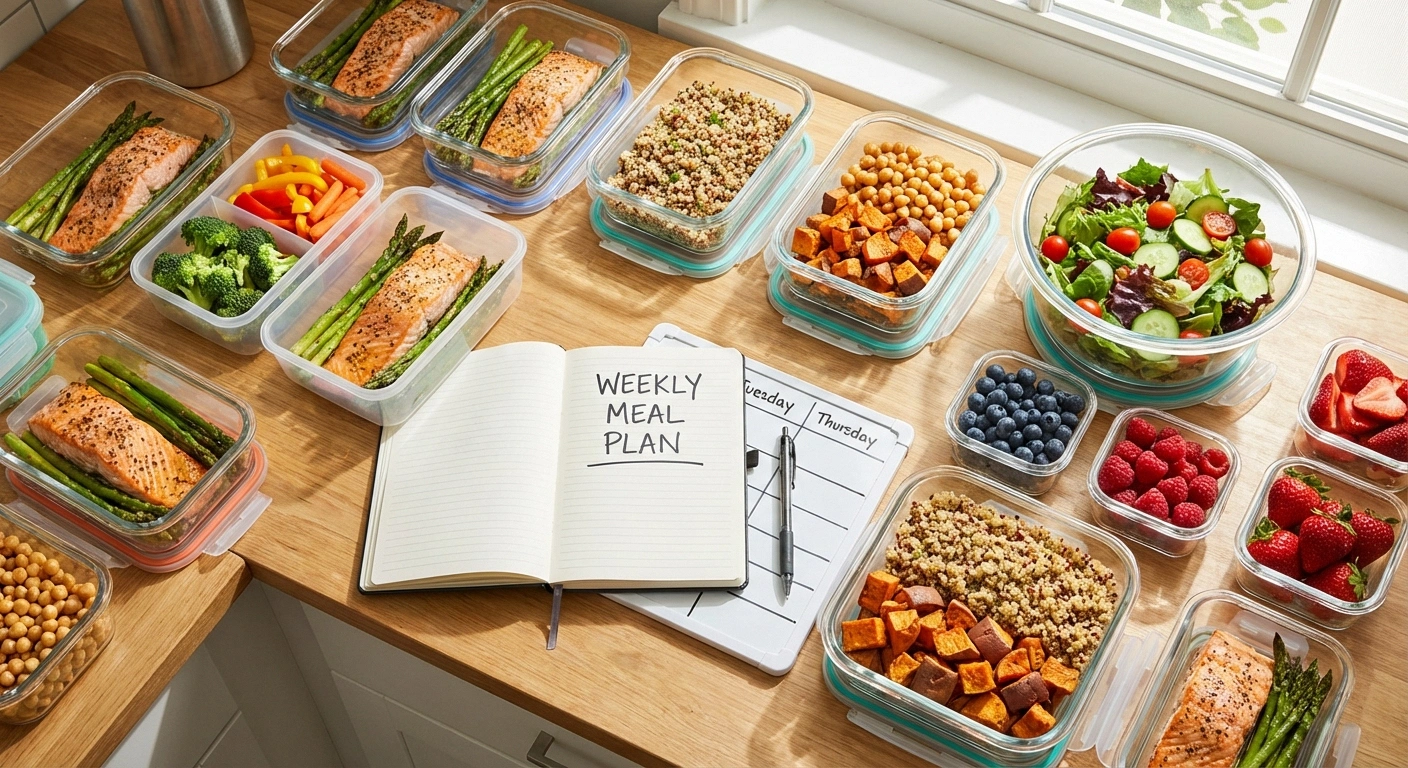 Weekly anti-inflammatory meal prep with salmon, vegetables, berries, and whole grains for neuropathy diet plan