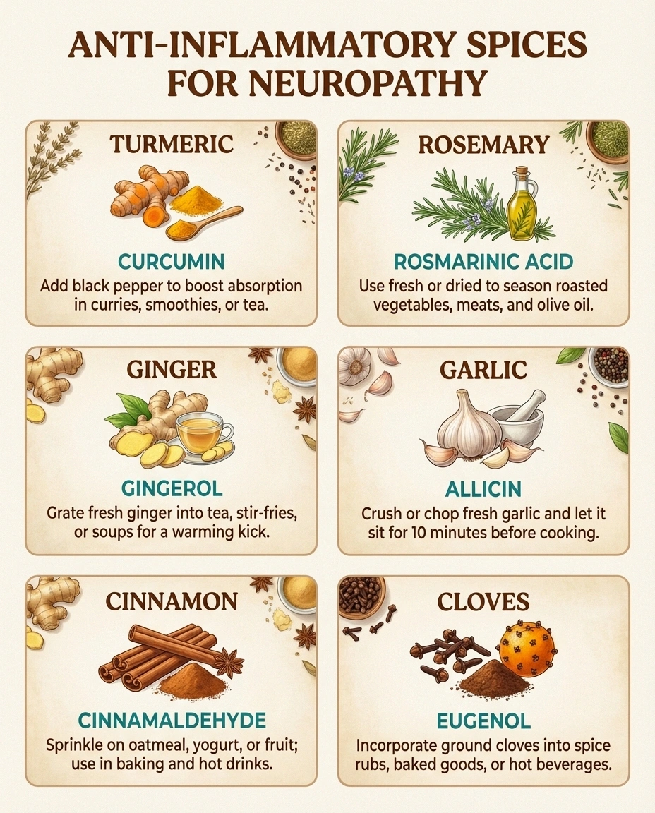 Anti-inflammatory spice guide showing turmeric, ginger, cinnamon, rosemary, garlic, and cloves with health benefits