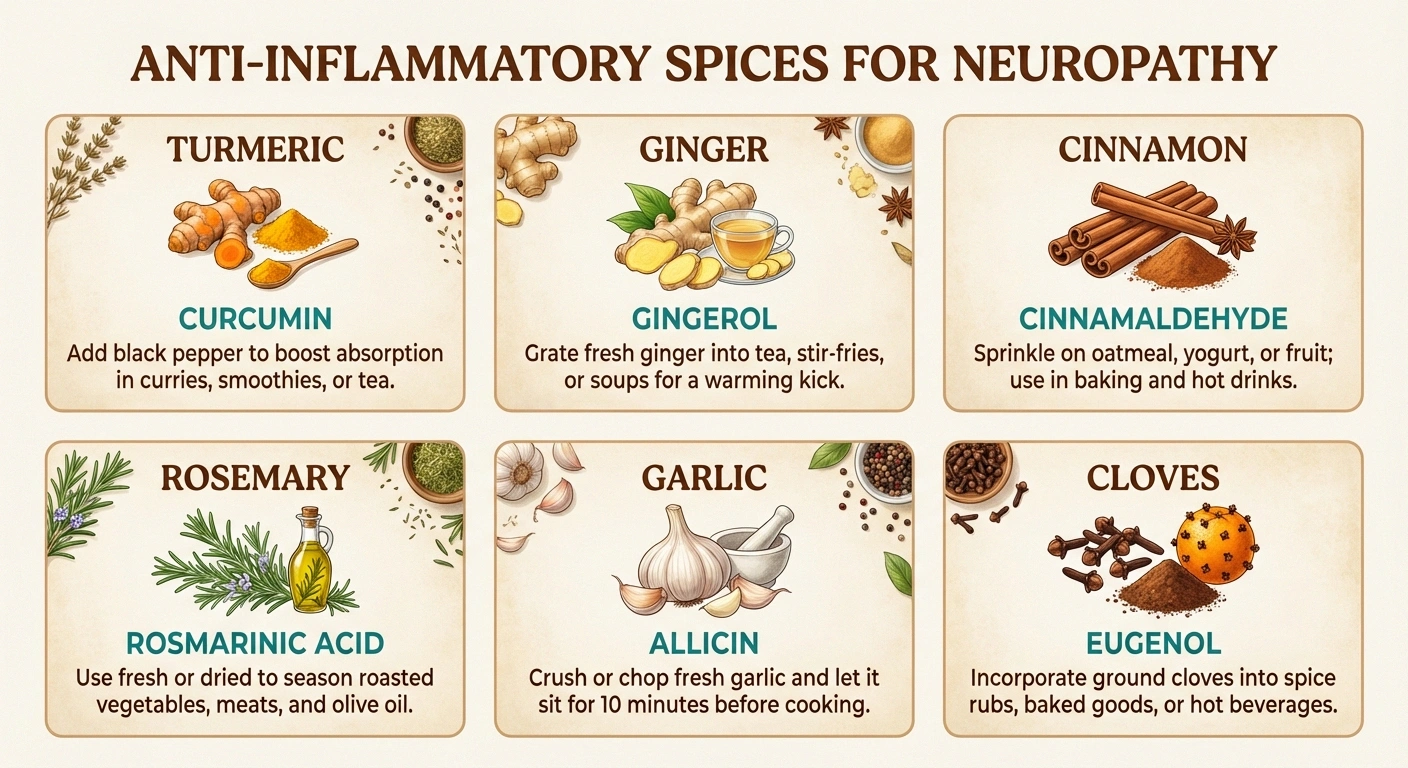 Anti-inflammatory spice guide showing turmeric, ginger, cinnamon, rosemary, garlic, and cloves with health benefits