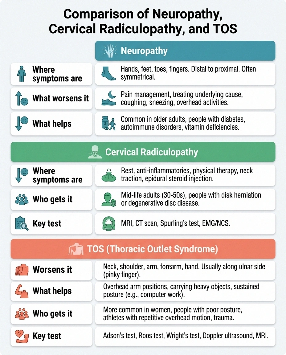 Three-column comparison infographic showing differences between neuropathy cervical radiculopathy and thoracic outlet syndrome