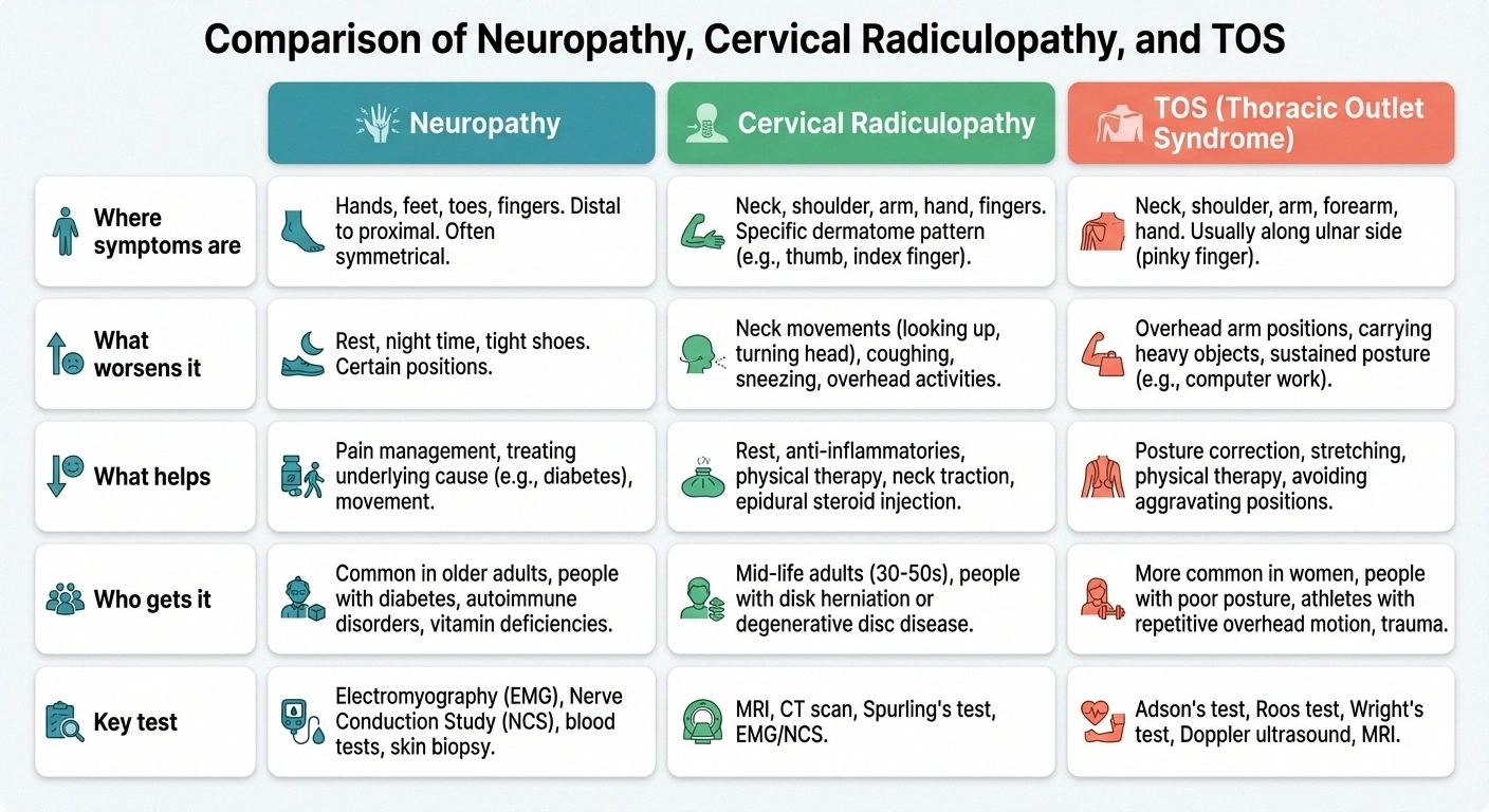 Three-column comparison infographic showing differences between neuropathy cervical radiculopathy and thoracic outlet syndrome