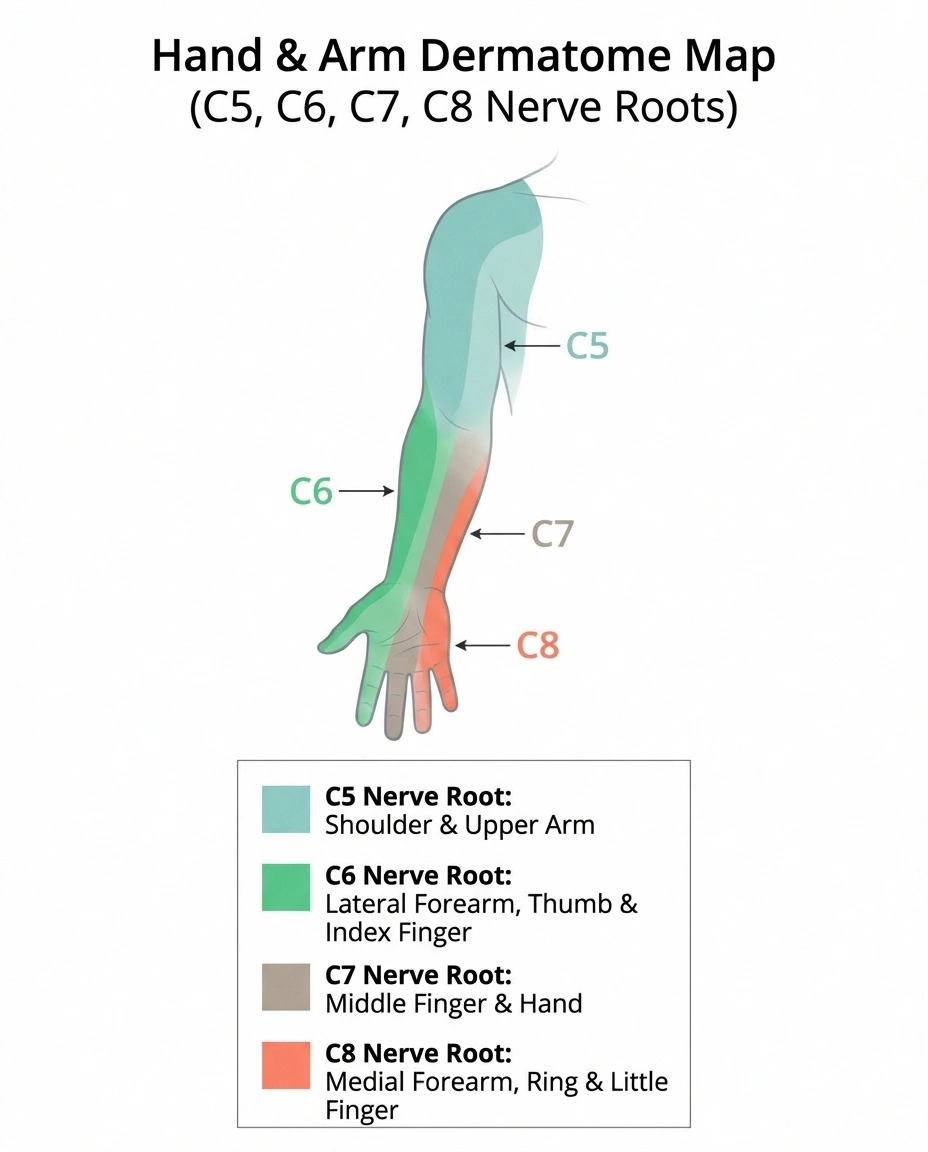 Dermatome map showing C5 C6 C7 C8 nerve root territories on hand and arm