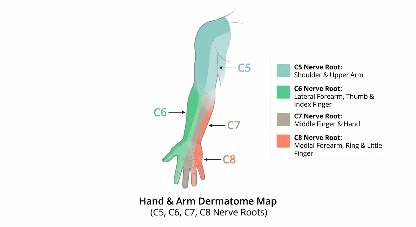 Dermatome map showing C5 C6 C7 C8 nerve root territories on hand and arm