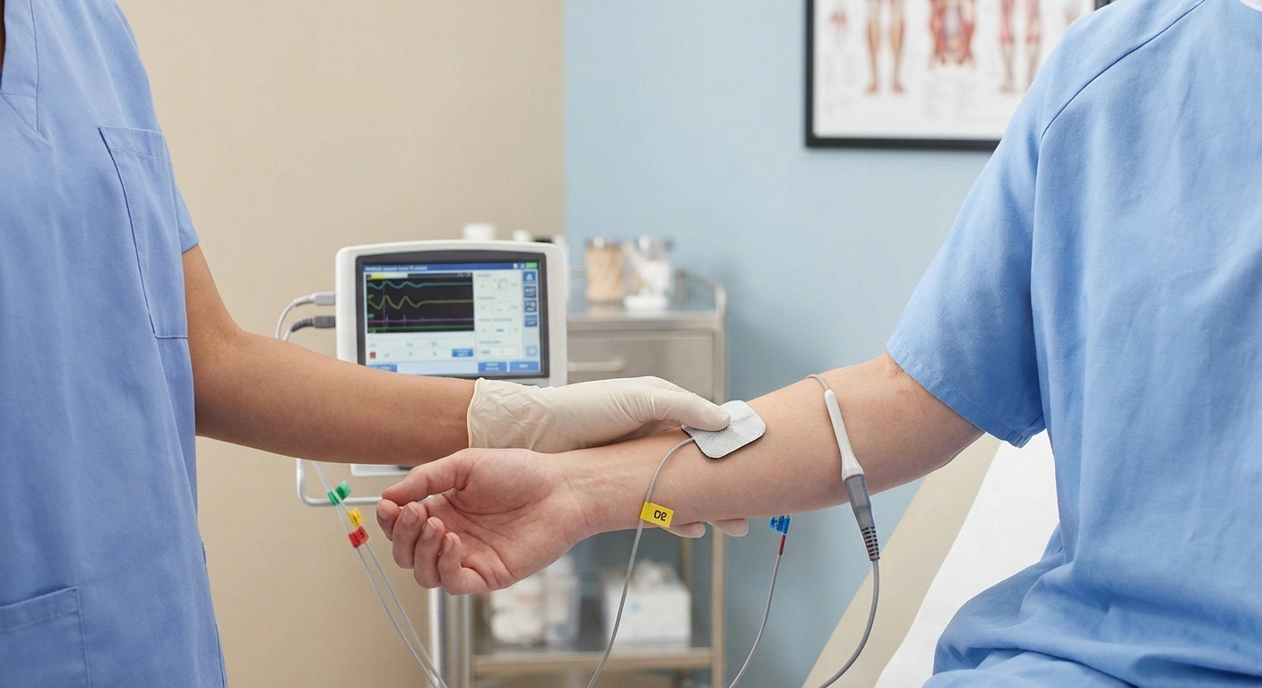 Healthcare professional performing nerve conduction study on patient forearm with EMG electrode
