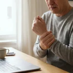 Person at desk gripping forearm in pain while working on laptop