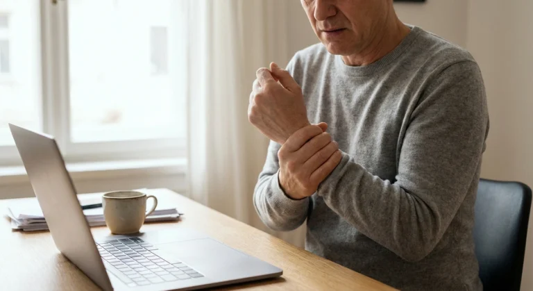 Person at desk gripping forearm in pain while working on laptop