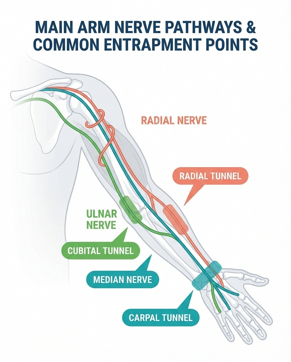 Infographic showing median ulnar and radial nerve paths through the arm with common entrapment points labeled