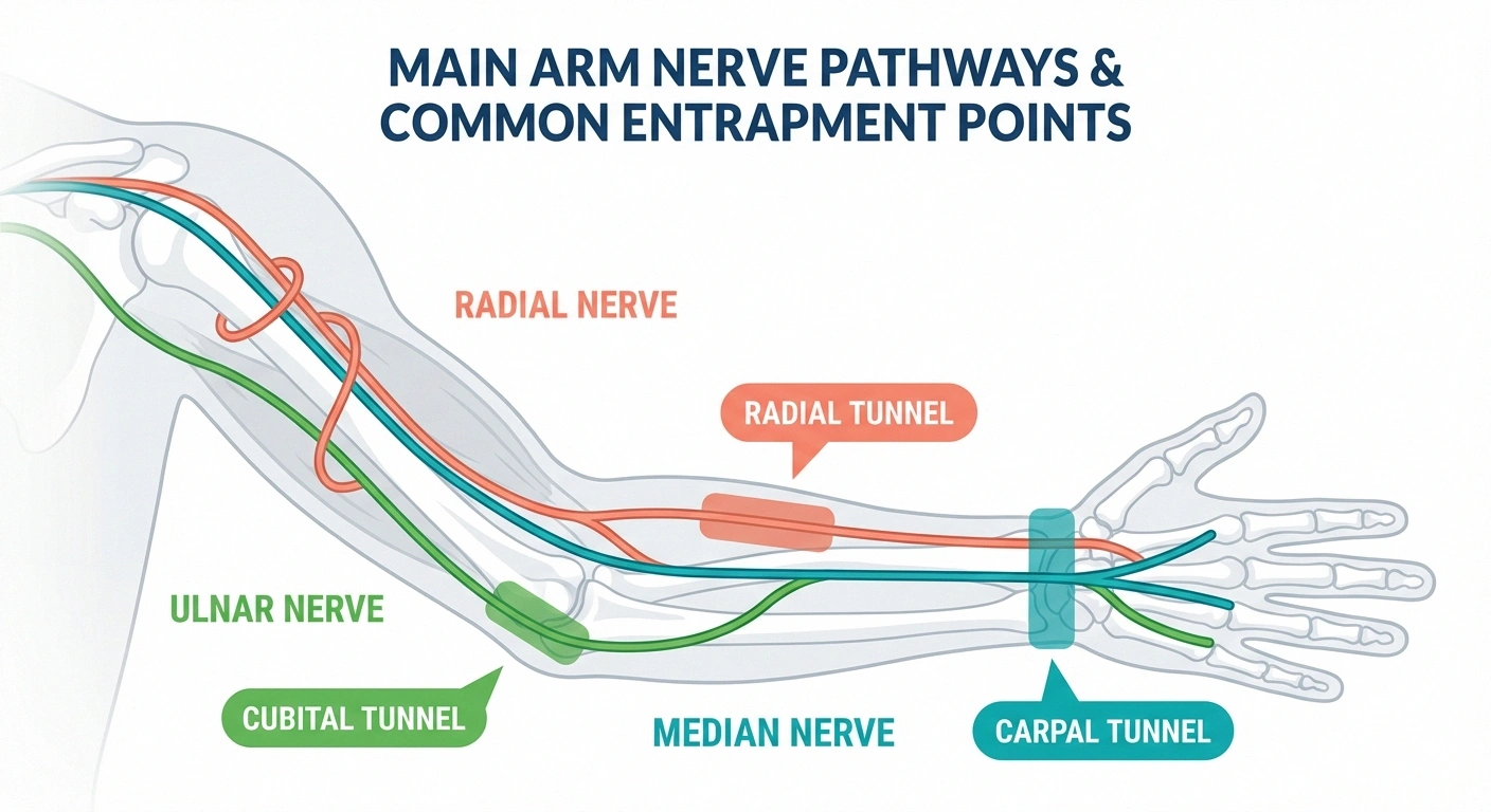 Infographic showing median ulnar and radial nerve paths through the arm with common entrapment points labeled