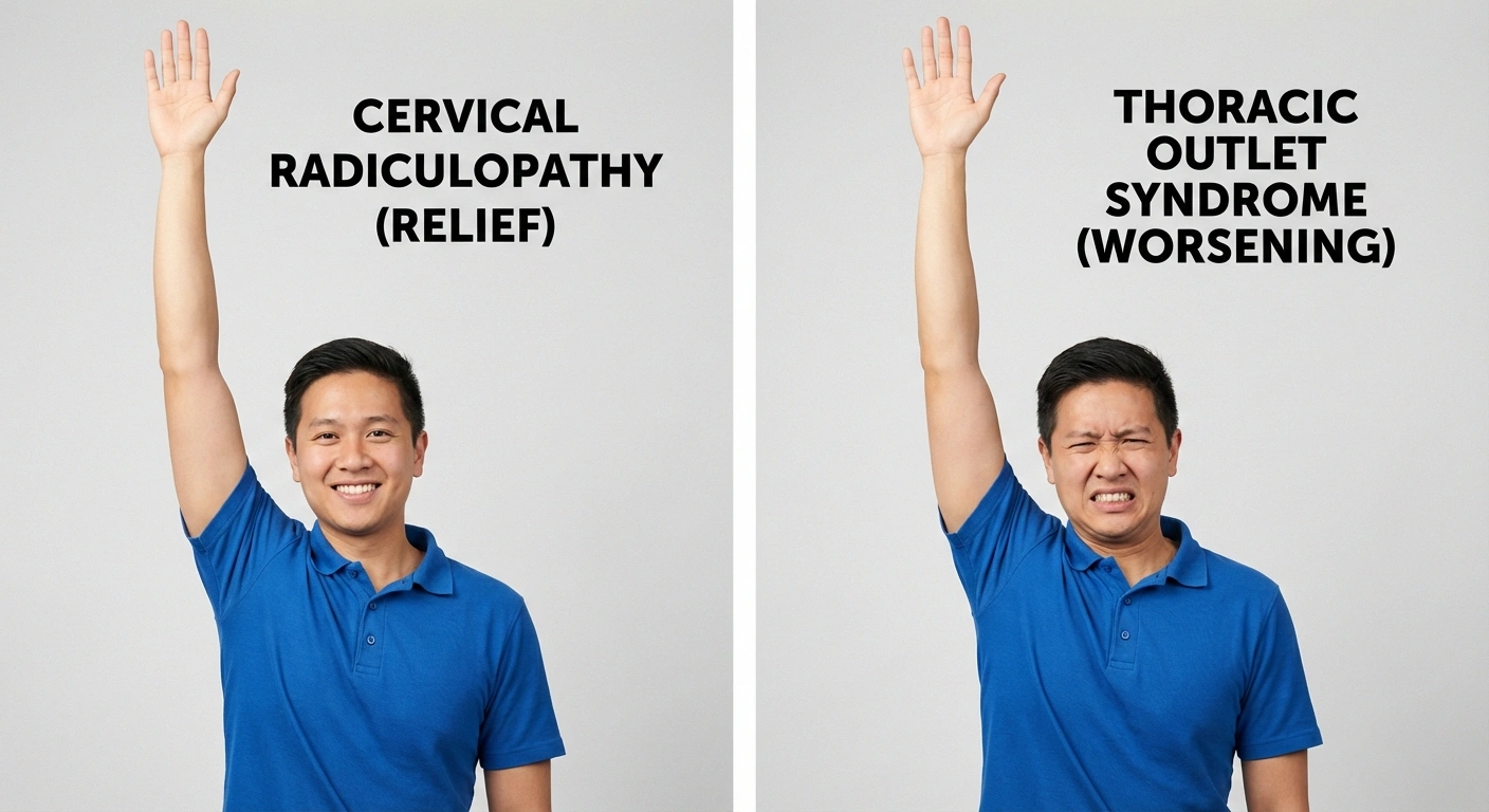 Comparison showing arm overhead position relieving cervical radiculopathy symptoms but worsening thoracic outlet syndrome symptoms