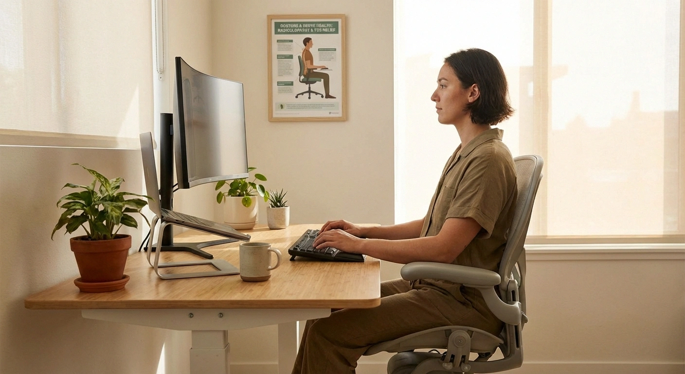 Person demonstrating correct ergonomic posture at workstation with monitor at eye level and relaxed shoulders