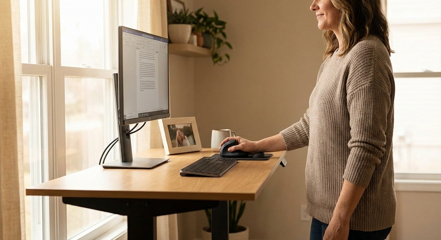 Person working comfortably at ergonomic standing desk after arm pain treatment and recovery