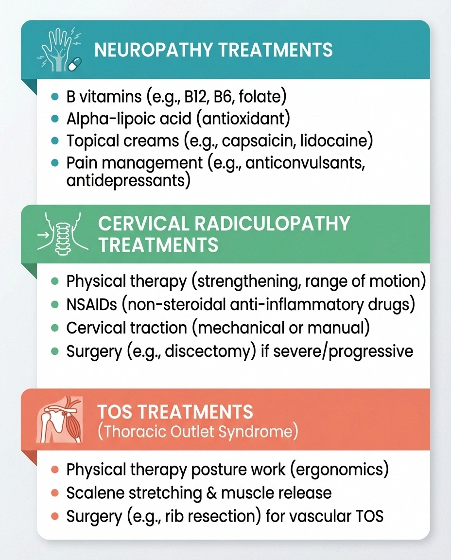 Three-column infographic comparing treatment approaches for neuropathy cervical radiculopathy and thoracic outlet syndrome