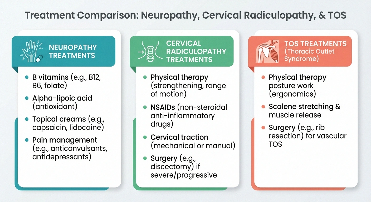 Three-column infographic comparing treatment approaches for neuropathy cervical radiculopathy and thoracic outlet syndrome