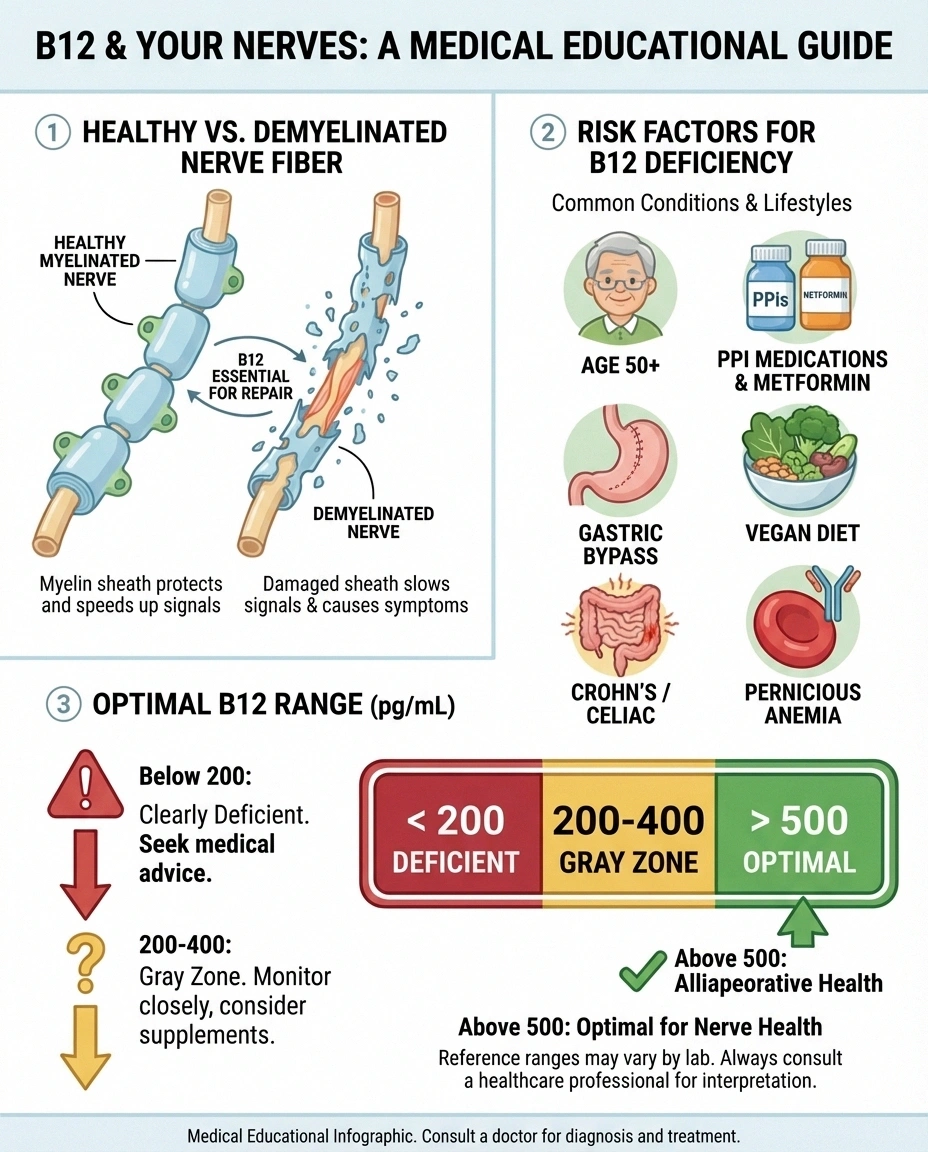 Infographic showing B12 deficiency risk factors, nerve damage mechanism, and optimal B12 blood level ranges for neuropathy patients